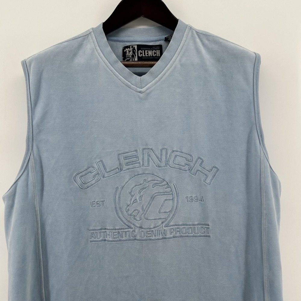 Clench Essential‎ Element Mens L Blue Velour Tank Top Y2K Streetwear Urban Vtg